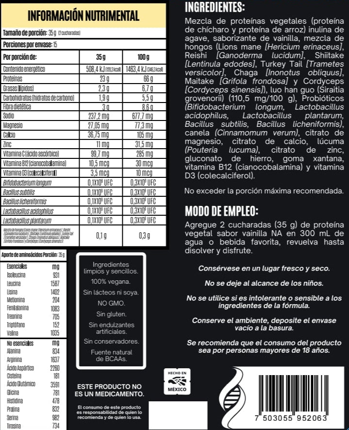 Proteína Vegetal con Adaptógenos VAINILLA 525 G.