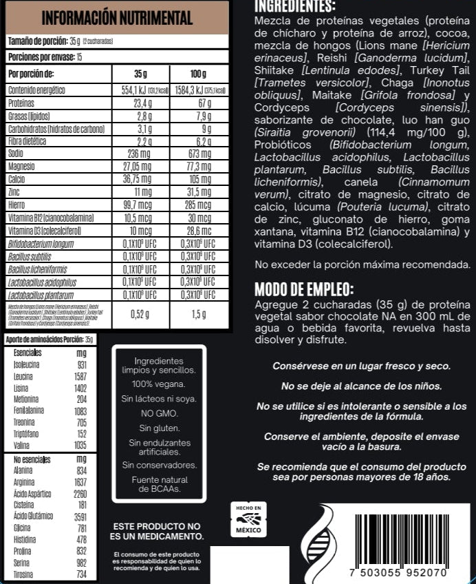 Proteína Vegetal con Adaptógenos CHOCOLATE 525 G.