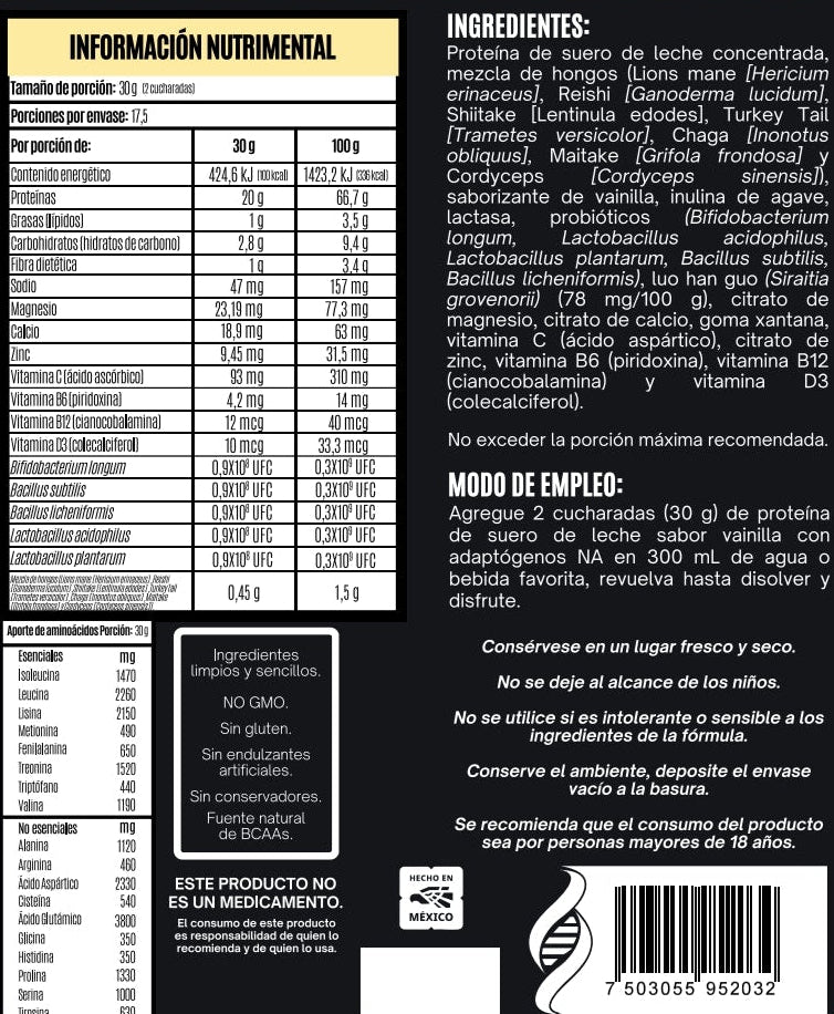 Whey protein con Adaptógenos VAINILLA 525 G.